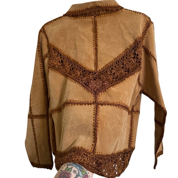 Vintage Y2K Carducci 100% Suede Crocheted Jacket Tan Brown Boho Western  Medium - Picture 4 of 14